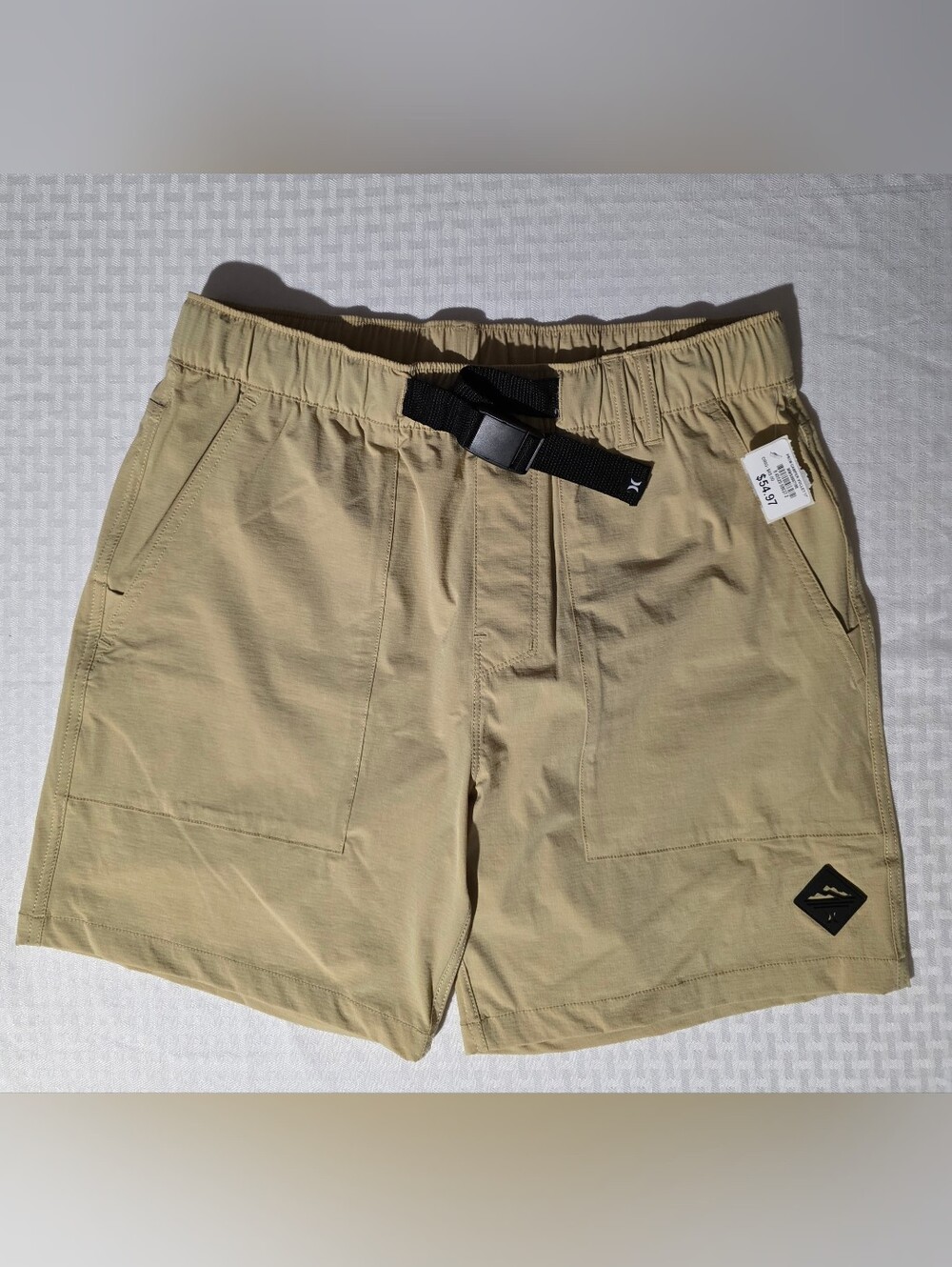 Hurley Men’s Tan Elastic Waist Hybrid Shorts with Black Webbing Belt